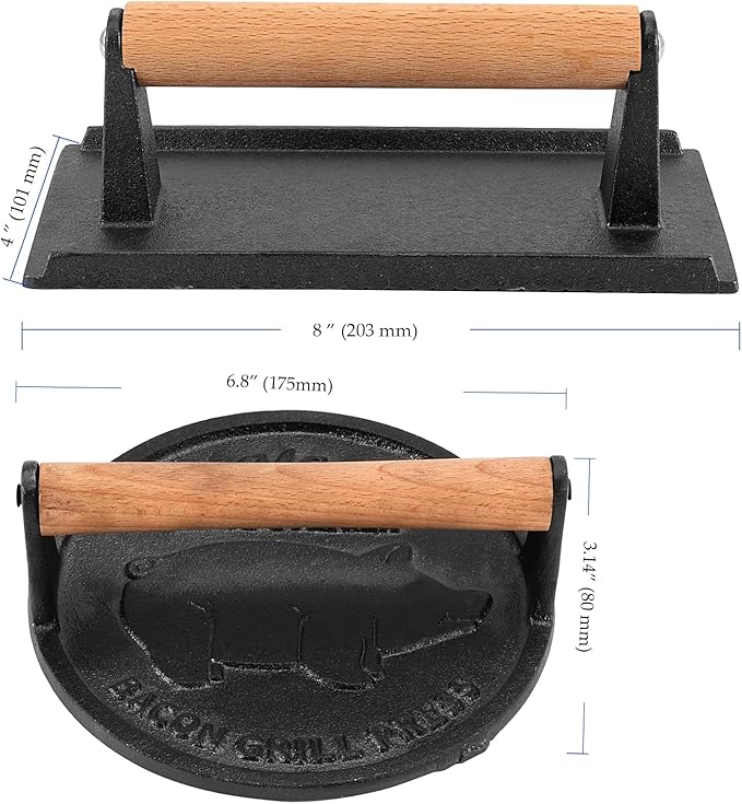 2 Pack Black Cast Iron Grill Press, 7 x7 Inch Round and 8 x 4 Inch Rectangle Heavy Weight Bacon Press with Wooden Handle, Steak Weights for Grill Burgers Bacon Bread