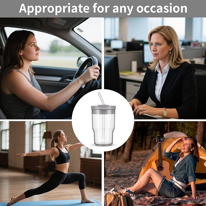 Glass Cups with Lids and Straws,16oz/480ml Reusable Iced Coffee Glasses & Juice Bottles,Cold Brew Tumblers with Leakproof Lids,BPA-Free Glass Jars for Juicing,Matcha,Tea,Smoothie (Grey)