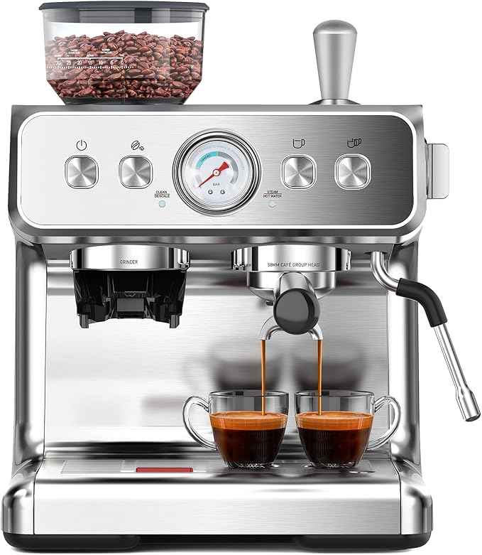 Electactic 20 Bar Espresso Machine with Grinder & Milk Frother Steam Wand, 58mm Stainless Steel Coffee Maker, Expresso Coffee machines for Home and Café Use, Perfect for Cappuccino and Latte