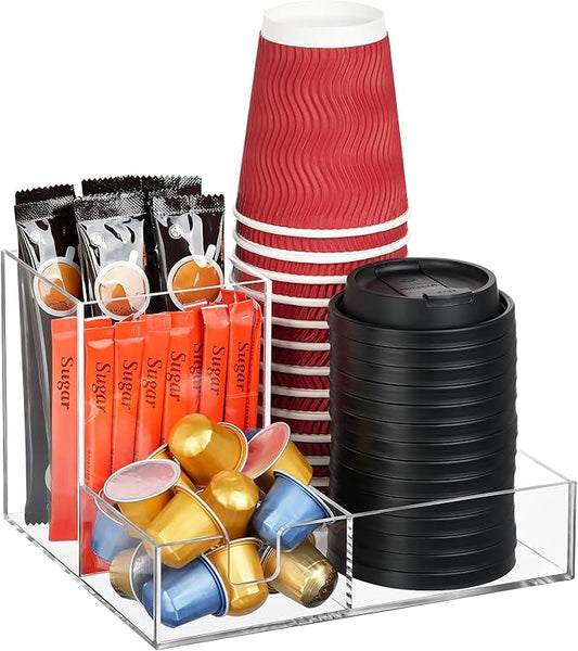 Coffee Cup Holder for Countertop, Clear Acrylic Coffee Bar Accessories and Organizer, Coffee Station Organizer for Cup Lid Stirrers Pod