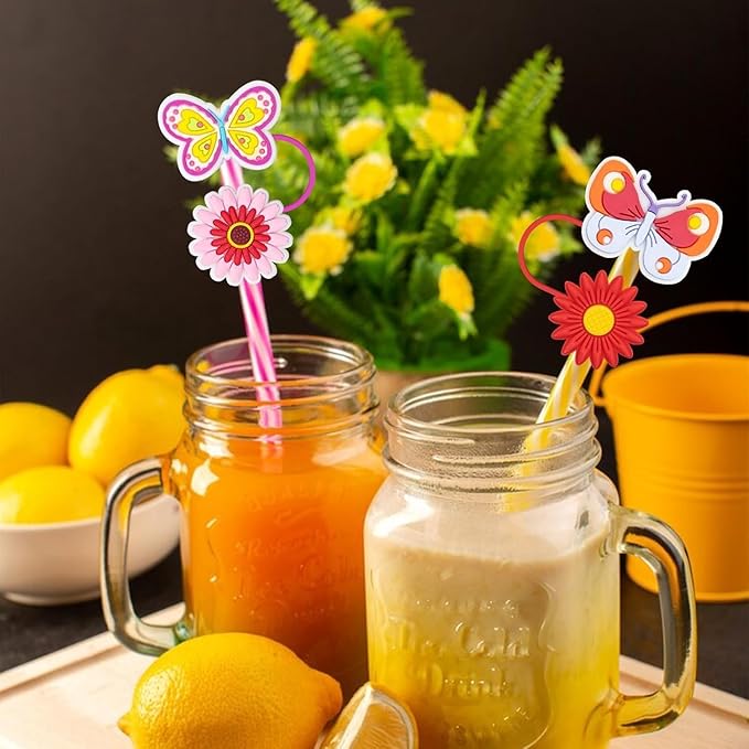 10Pcs Flowers Stanley Straw Topper, 10mm Silicone Straw Covers, Spring Butterfly Straws Topper for Stanley 40 Oz&30 Oz, Reusable Tumbler Cute Straws Cap Tips Lids Accessories