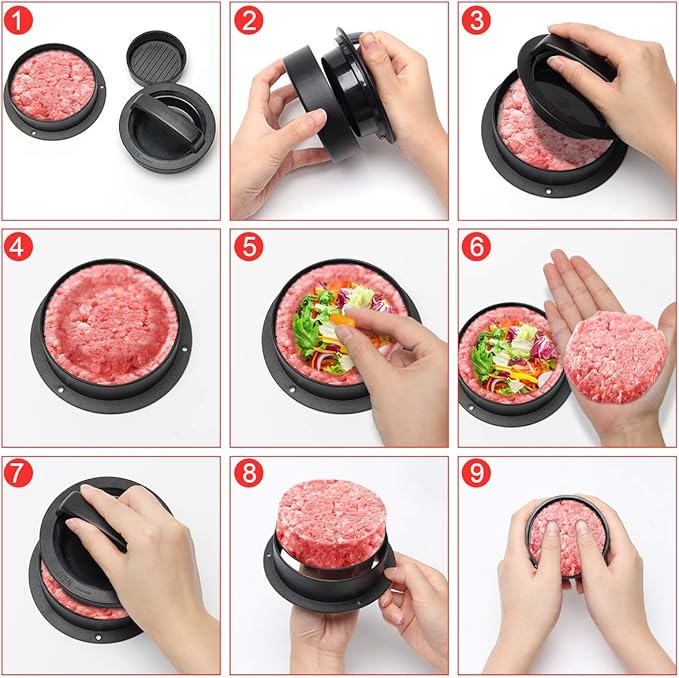 Luxiv 3 in 1 Burger Press, Hamburger Patty Maker Stuffed Burgers Press with 100p Hamburger Paper for BBQ Non-Stick Sliders Beef Hamburger Push (Black)