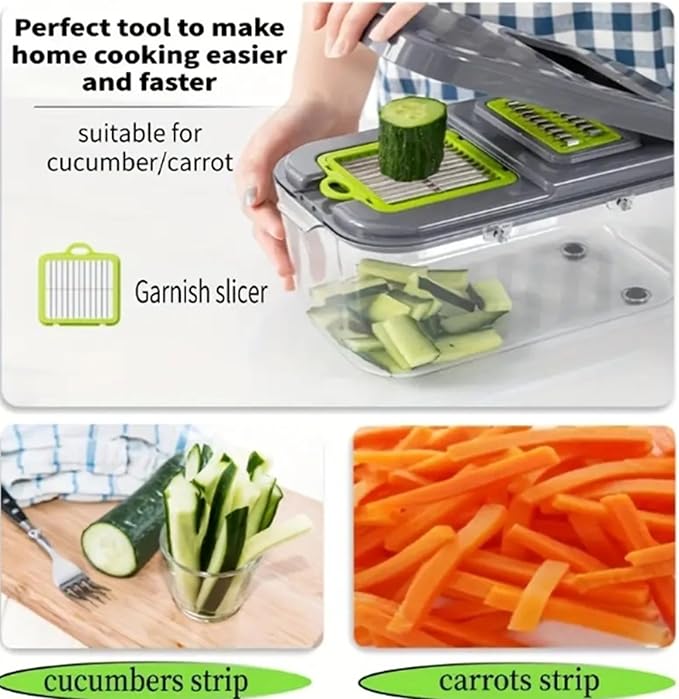 Vegetable Chopper Cutter Slicer, Multifunctional Veggie Chopper with 8 Blades, Mandoline Slice for Salad, Onion, Garlic, Food Chopper with Container, Essential Kitchen Tool