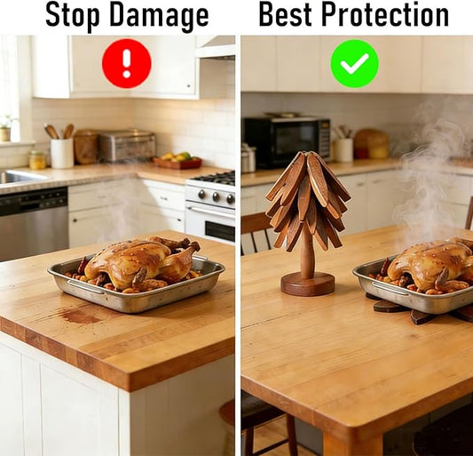 Wooden Tree Trivets for Hot Dishes: 4 Trivets and 1 Stand Christmas Tree Coasters for Pot Bowl Cup Teapot Pans Hot Pot Holder