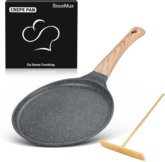 SouxMux Nonstick 8-Inch Crepe Pan with Spreader, Ceramic Coated Dosa Tawa Pan, Induction Compatible Flat Skillet for Pancakes, Omelettes, and More with Cool Handle, PFOA Free