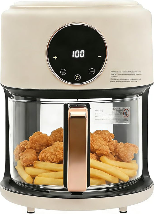 PERFERATE Glass Air Fryer 4.44Qt Capacity Glass Airfryer with 360° Transparent Viewable Fry Bowl, Precise Temperature(175°F - 400°F) & Time(60 Min) Control, 1200W Oil-Less Cooking(White)