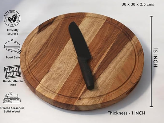 Vesta Homes Large Wooden Round Chopping Board, Cutting/Serving Board, Charcuterie, and Cheese Board for Kitchen | Natural Acacia Wood | 15 * 15 * 1 Inches | Handcrafted in India