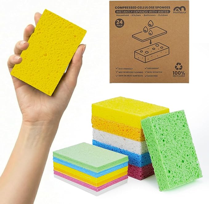 Kitchen Sponges, 24 Count, Thick Compressed Natural Cellulose Sponges, Non-Scratch for Dishes, Biodegradable & Compostable, Pop-up for Easy Storage