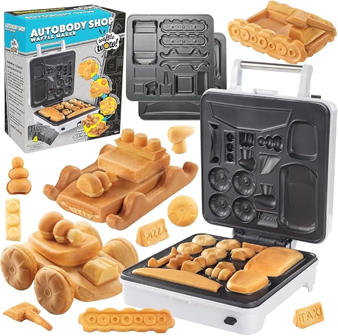 Auto Body Shop Waffle Maker- Mix & Match 20+ Custom Shaped Pieces to Build Cars, Trucks or Vehicles Out of WAFFLES! Breakfast Kids Adults Fun- Nonstick Quick Cleanup w 4 Removable Plates, Recipe Guide