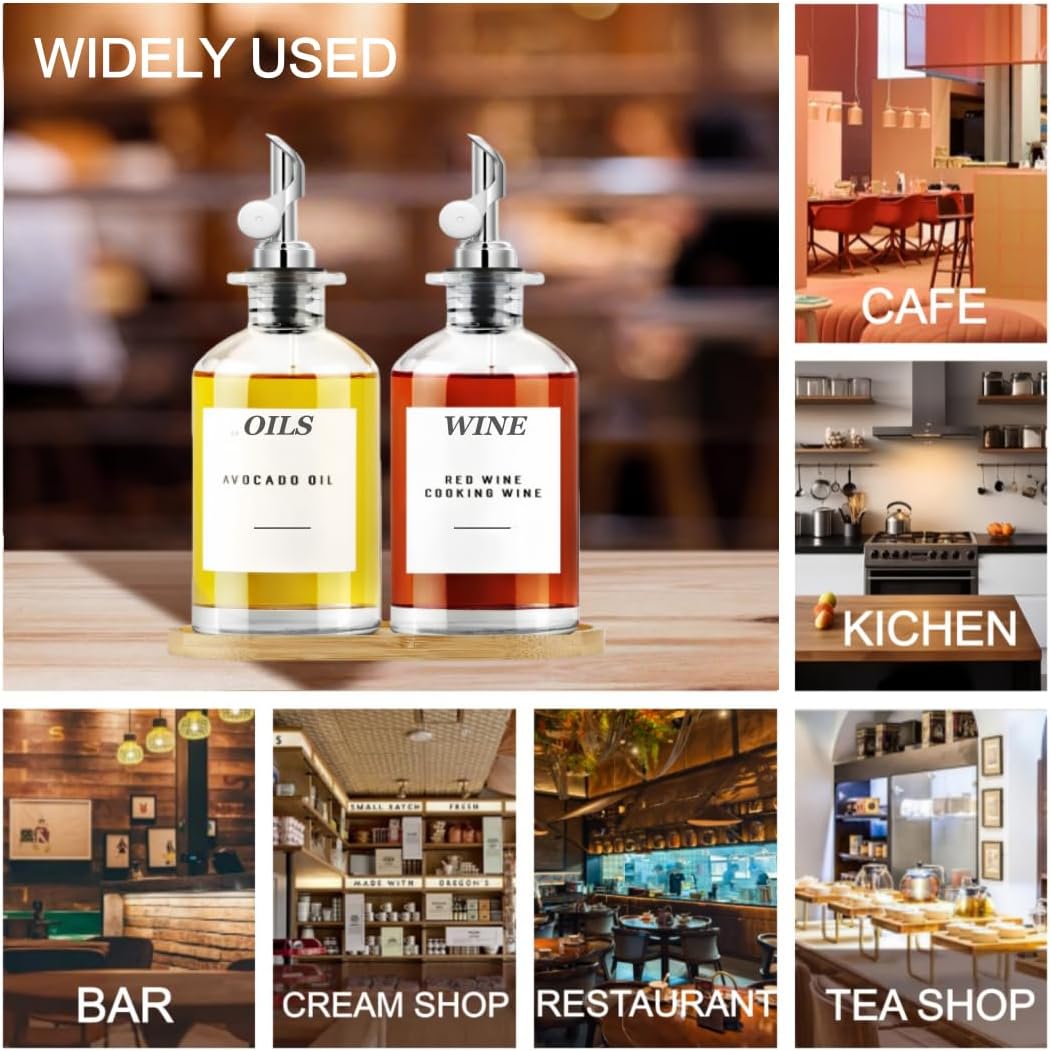 Olive Oil Dispenser for Kitchen, 11.8oz/350ml Glass Oil Bottles with Bamboo Tray and Labels, Oil&Soy sauce Cruet Set, Kitchen Dispenser Bottles with Pourer | Set of 2 (Silvery, 11.8, ounces)