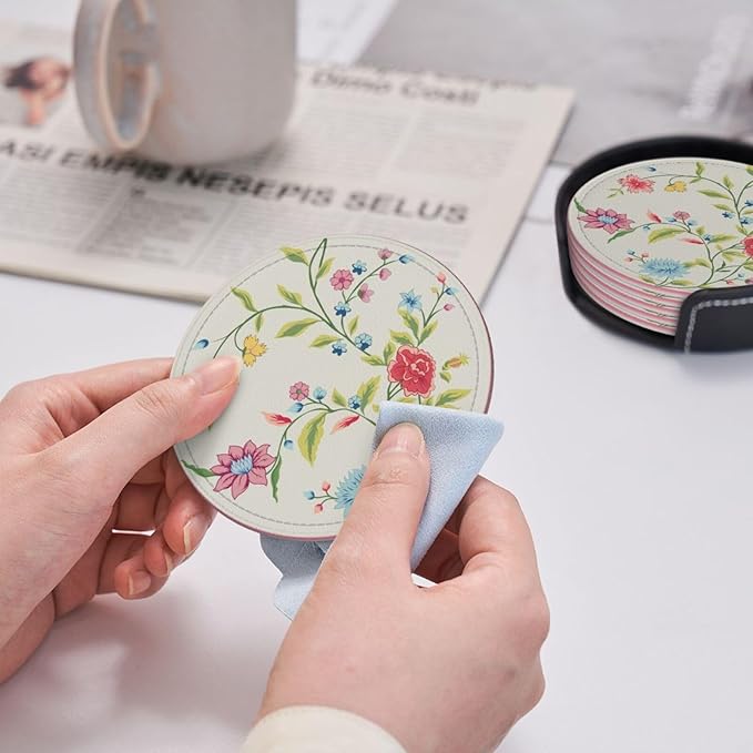 Spring Floral Leather Drink Coasters Set of 6 with Holder Round Cup Coaster for Table Decor