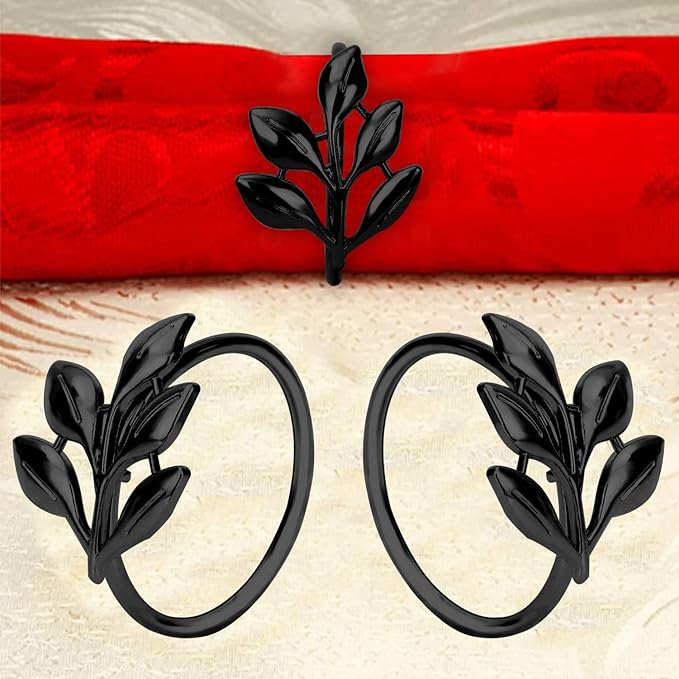 KPOSIYA Set of 6 Leaf Napkin Rings Metal Gold Napkin Holder Table Napkin Rings for Thanksgiving Day Christmas Dinning Table Parties Everyday (Ye Zi-Black 6)