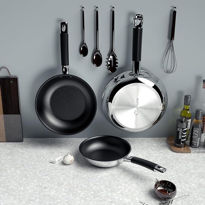Non Stick Frying Pans, Stainless Steel Kitchen Nonstick Cookware Set of 3, 10” 11.5” 5” Pan, Compatible with All Stoves