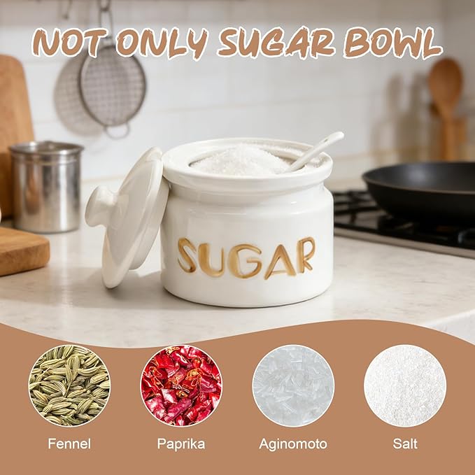 Sugar Bowl with Lid and Spoon, 10oz Ceramic Sugar Container Jar - Modern Farmhouse Style for Coffee Bar, Tea Station, Kitchen Countertop & Dining Table Decor, White