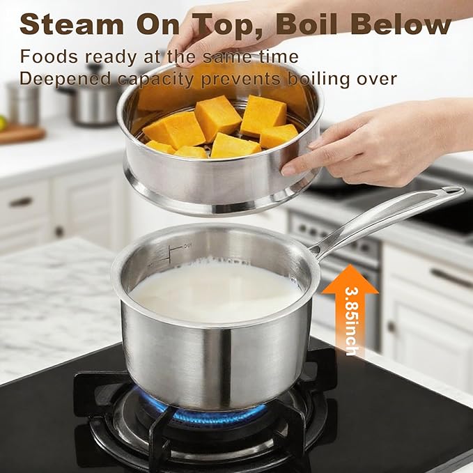 MOUTIUS 1QT+2QT With Steamer Triple Stainless Steel Saucepan with Lid, Ramen Pot with Clear Glass Cover, Small Sauce Pan for Cooking Oatmeal, Induction-Ready, Dishwasher-Safe, Suitable for All Stoves