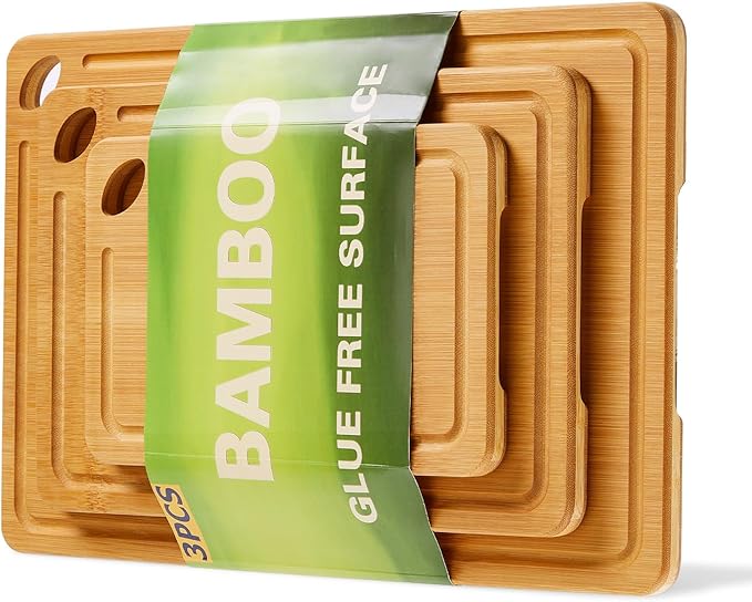 Garvee Bamboo Cutting Board Set of 3, Multi-Sizes Kitchen Cutting Boards with Deep Juice Grooves & Built-in Handle, Wooden Chopping Boards for Charcuterie, Vegetables & Fruit