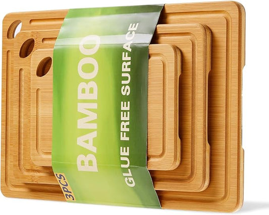 Garvee Bamboo Cutting Board Set of 3, Multi-Sizes Kitchen Cutting Boards with Deep Juice Grooves & Built-in Handle, Wooden Chopping Boards for Charcuterie, Vegetables & Fruit
