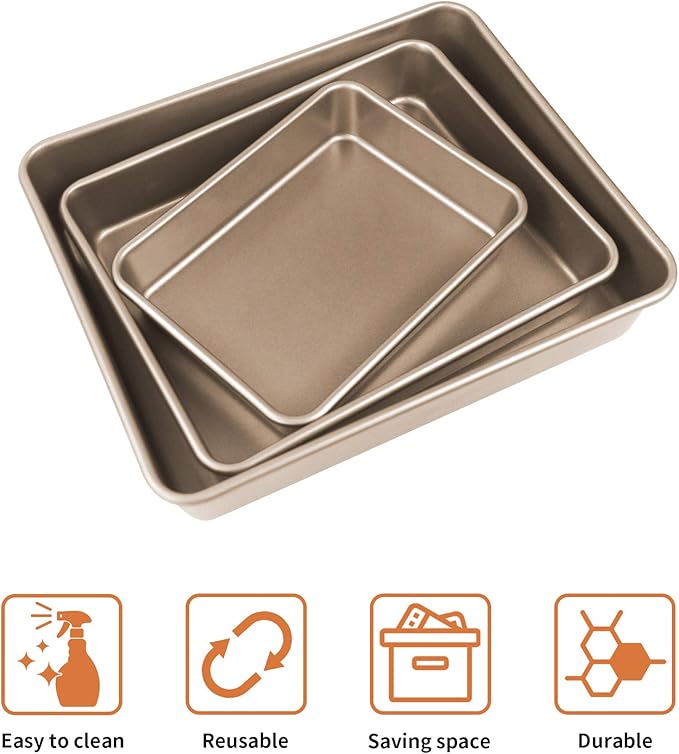 SuperMa 3 Pack Deep Baking Pans Set Nonstick Rectangular Cookie Sheets 9 11 13 Inch Baking Sheets for Baking Bread, Toaster Bakeware Gold
