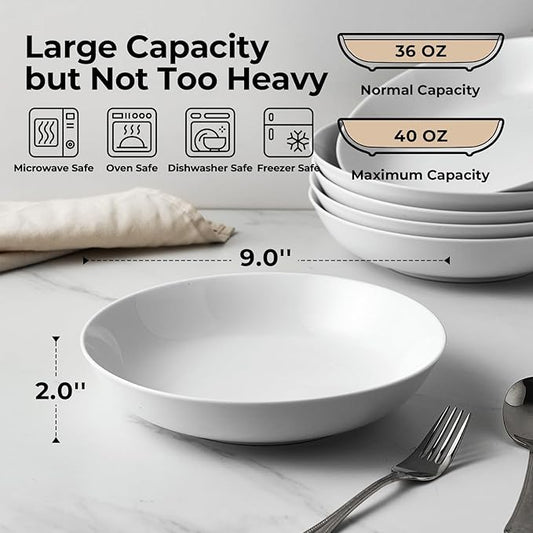 Y YHY 9" Pasta Bowls, 40oz Large Salad Bowls Set of 6, Wide Shallow Ceramic Bowls for Serving Soup, White Dinner Plates Set for Kitchen, Microwave Dishwasher Safe