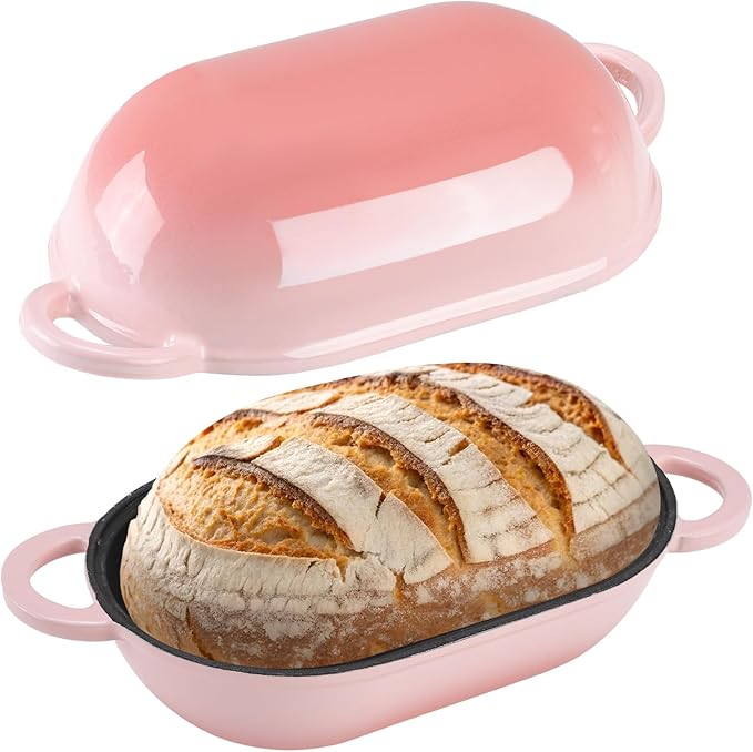 NSIRONS Enameled Cast Iron Sourdough Bread Oven, 5QT Loaf Cast Iron Bread Pan with Lid, Oval Dutch Oven for Homemade Bread Baking (Gradient Pink)