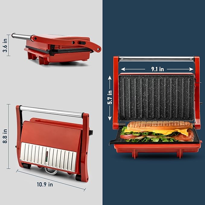 SUSTEAS Panini Press Sandwich Maker and 304 Stainless Steel Electric Indoor Grill, Easy Clean Nonstick Grids, Opens 180°/105° to Fit Any Type or Size of Food, Homemade BBQ, Red