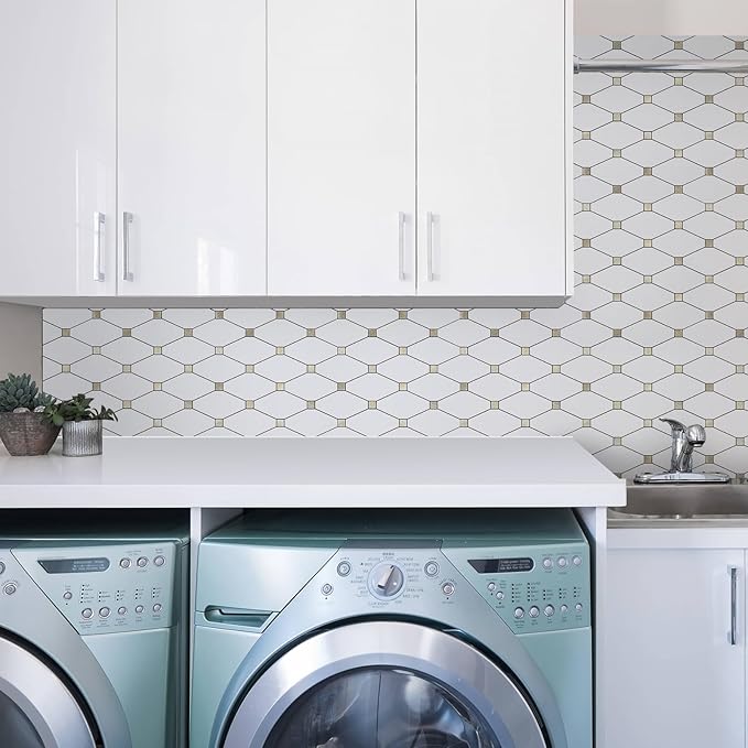 STICKGOO 10 Sheets Peel and Stick Backsplash, Pure White Marble Look PVC Mixed Metal Gold Kitchen Backsplash, Stick on Backsplash Wall Tiles for Kitchen, Bathroom, RV