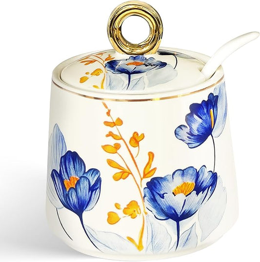 JUSONEY Ceramic Sugar Bowl with Lid and Spoon with Floral Pattern, Gold Trim - 7.5oz Elegant Sugar Jar with Lid and Spoon, Nordic Style for Kitchen, Dining, Cafe, Gift Idea (C)