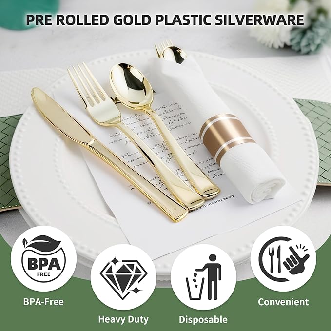 400PCS Pre Rolled Gold Plastic Silverware Sets, Heavy Duty Gold Cutlery, Include 100 Pack Wrapped Disposable Utensils with Napkins for Parties and Weddings