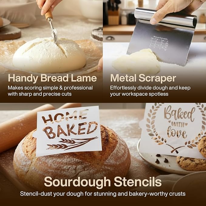 Sourdough Starter Kit | 9" Round & 10" Oval Banneton Bread Proofing Baskets | Sourdough Bread Baking Supplies with Dough Whisk, Scrapers Bread Lame, Cleaning Brush, Detailed Guide & Recipes
