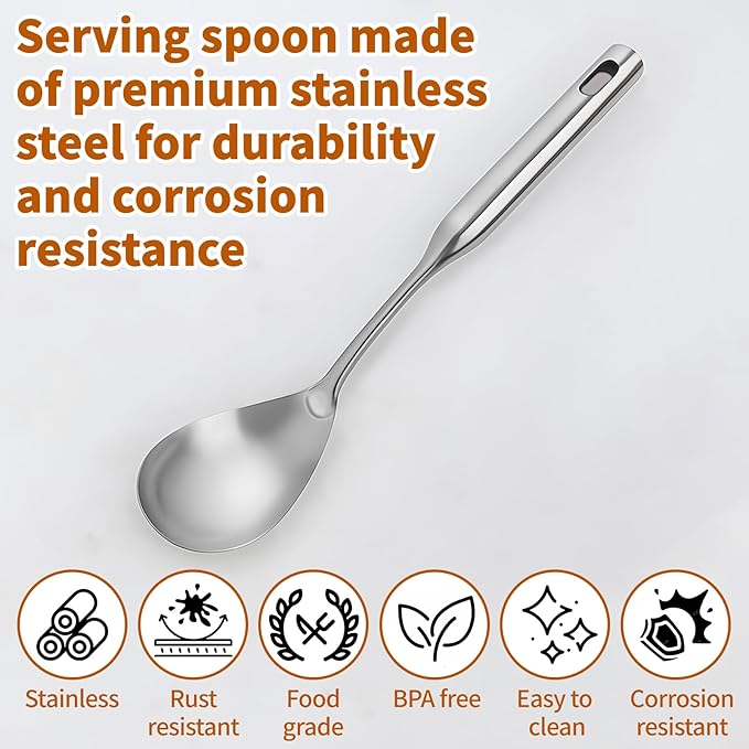 TBWHL Premium Brushed 304 Stainless Steel Large Serving Spoon, 12.5 Inch Kitchen Cooking Spoon with Ergonomic Handle, Good Grip Ergonomic Handle, Silver