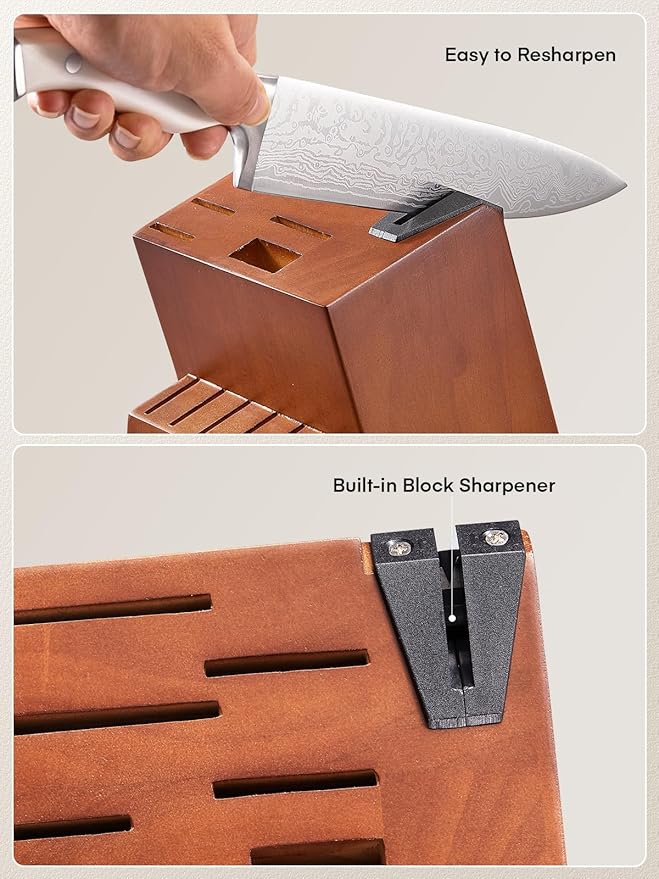 Knife Set, D.Perlla 15 Pieces Kitchen Knife Set with Built-in Sharpener, Stainless Steel kitchen Knives with Unique Waved Pattern, Non-slip Handle, Brown