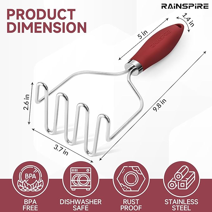 Rainspire Potato Masher Stainless Steel, Mashed Potato Masher Kitchen Tool, Durable Mash Potatoes Masher, Soft Non-slip Handle, Kitchen Utensils, Kitchen Gadgets, Red