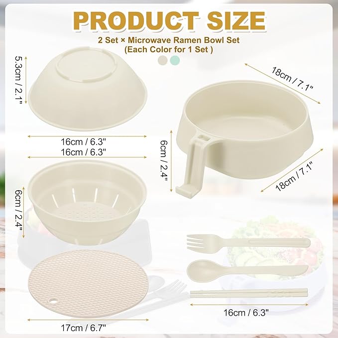 uxcell 2 Sets Microwave Ramen Bowl Set, Wheat Fiber Noodle Bowls Plastic Cooker with Lid Handle Fork Spoon Chopsticks for College Dorm Room Apartment, (Beige/Green)