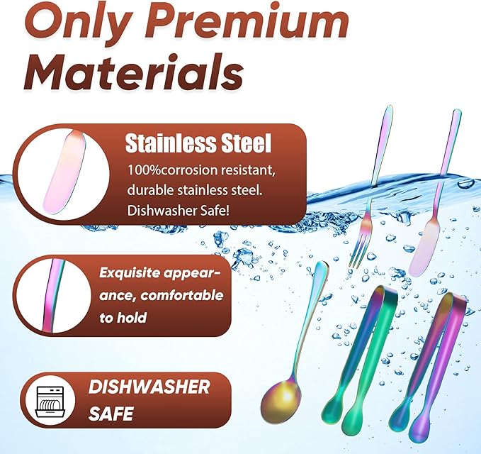 Patelai Charcuterie Boards Accessories Charcuterie Utensils Set Cheese Butter Spreader Knives Stainless Steel Mini Serving Tongs Spoons Forks and Toothpick Flags for Appetizers Pastry(Rainbow Color)