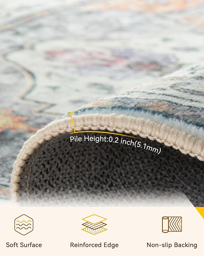 Area Rugs 5'x8' Washable Non-Slip, Floral Vintage Distress Print Pattern Medallion Carpet for Living Room Bedroom Dining Room, Light Yellow Carbon Grey Orange