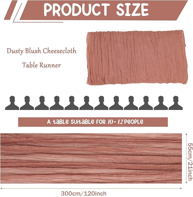 10 Pack Dusty Blush Cheesecloth Table Runner 10FT Boho Gauze Fabric Table Runner Vintage Rustic Sheer Runners for Wedding Party Bridal Baby Shower Long Table Decorations