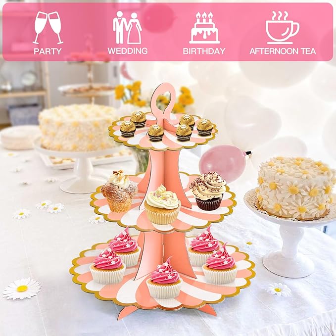 Soleebee 3-Tier Cupcake Stand, Cardboard Cupcake Tower, Dessert Cup Cake Stand Tower for Birthday Wedding Party Decoration, Cupcake Tier Stand 2 Set (Pink Gold)