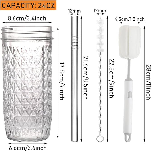 2 Pcs 24oz Glass Cups Set, Mason Jar Drinking Glasses with Lids and Straws & 2 Airtight Lids, Cute Reusable Smoothie cups, Iced Coffee Cups, Travel Tumbler for Bubble Tea, Juice, Gift