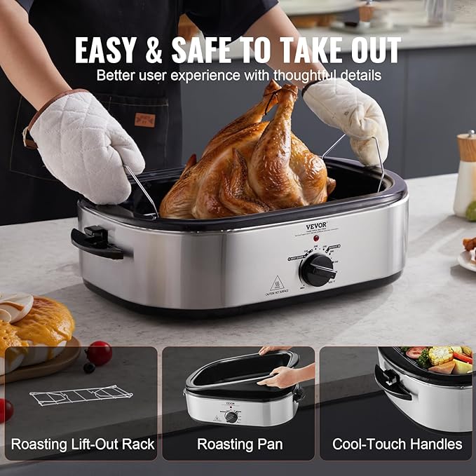 VEVOR Electric Roaster Oven, 22 QT Turkey Roaster with Self-Basting Lid, 1450W Roaster with Defrost & Warm Function, Adjustable Temp, Removable Pan & Rack, Fits Turkeys Up to 26LBS, Silver
