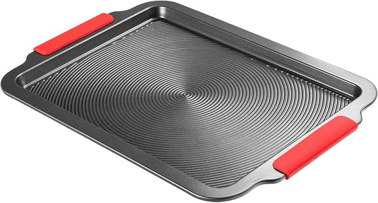 Biubumtu Baking Sheet with Circle Grooves, 1-Piece 16x11in Nonstick Cookie Sheets for Baking & Roasting, Baking Pans with Red Grips, PFAS/PTFE Free,Gray