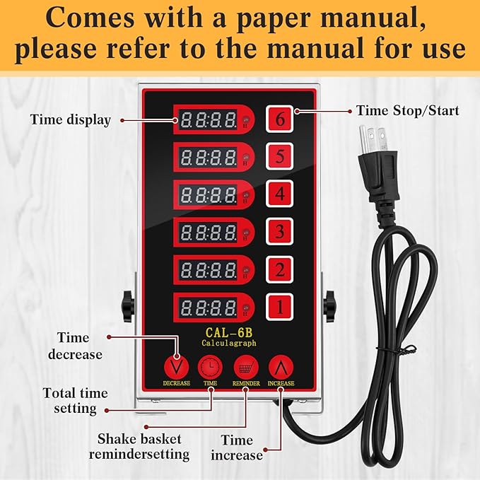 1 Pack Commercial 6 Channel Digital Kitchen Timer, Multi-Countdown Timer with Loud Alarm & Large LCD Display, Wall Mount or Countertop for Restaurant, Fry Station, Baking & Lab Use