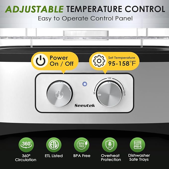 Seeutek Food Dehydrator, 5 BPA-Free Trays Food Dehydrator Machine with Adjustable Temperature Control for Beef Jerky, Fruits, Vegetables, Includes Recipe Book & 4 Reusable Storage Bags