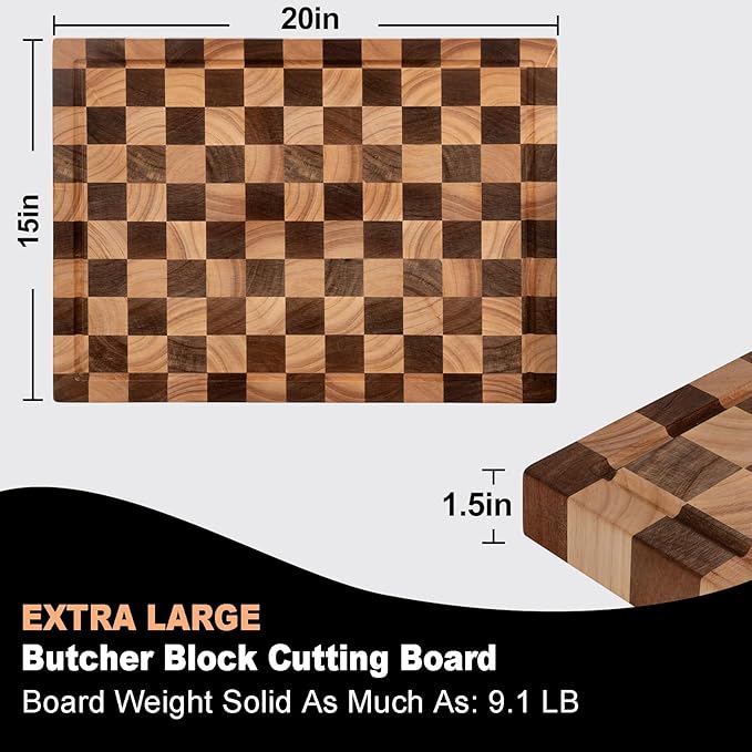 Cookaholic Acacia Wood Cutting Board 20x15x1.5 Inch, Butcher Block for Kitchen, Premium Acacia Cutting Board with Juice Groove, End Grain Made of Sustainable Acacia Wood