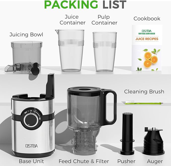 Cold Press Juicer, 5'' Wide Feed Chute Juice Maker, OSTBA Juicer Machine for Whole Vegetables and Fruits, High Juice Yield, Easy to Clean, BPA Free