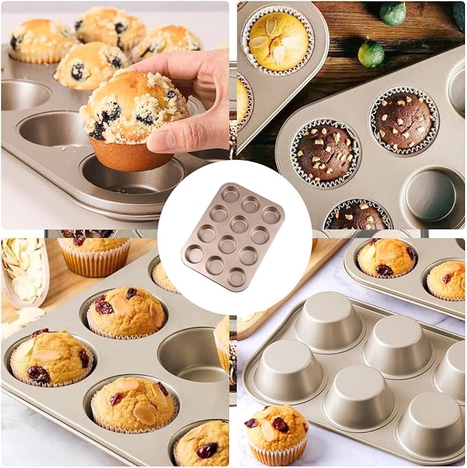YUNYDSM Muffin Pan, Cupcake Pan, Set of 2, 12-Cup Muffin Tin, Non-Stick Bakeware, Easy to Release and Clean, Baking Molds, Muffin Tray, Molds for Homemade Cupcakes & Muffins (Gold)