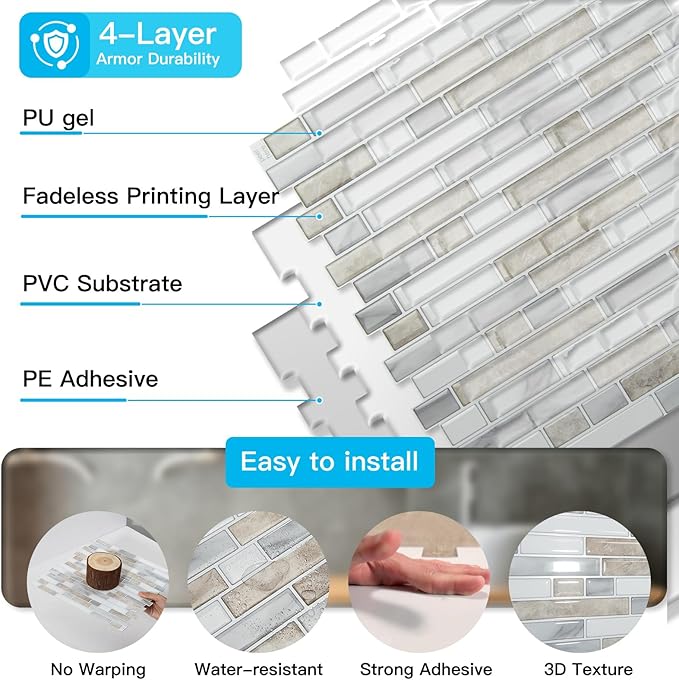 Art3d 10-Sheet Heavy-Duty Peel and Stick Backsplash, Waterproof Wall Tiles Stick on Kitchen Backsplash Living Space, Beige & White