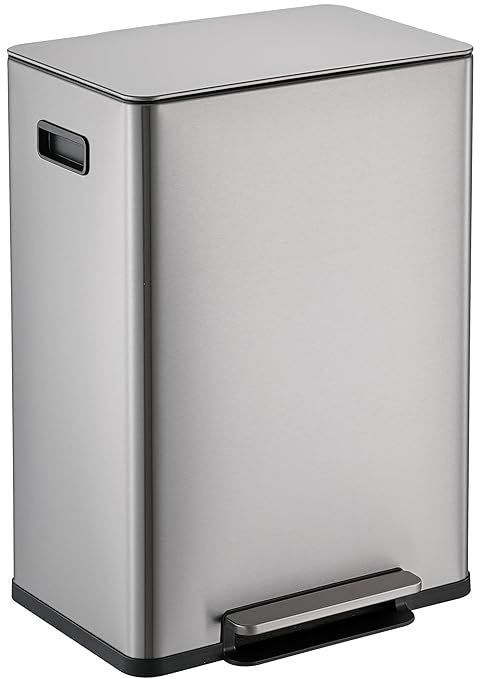 Simpli-Magic Infinity Edge 60 Liter / 16 Gallon Rectangular Hands-Free Extra Large Kitchen Step Trash Can, Soft-Close Single Lid Recycling Bin, Stainless Steel, Silver, 79678