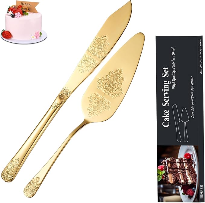 tiokin Cake Cutting Set for Wedding, Elegant Cake Knife and Server Set with Thickened Stainless Steel Rounded Edges, Cake Cutter Pie Spatula for Birthday Anniversary Christmas 2 Pcs Gold