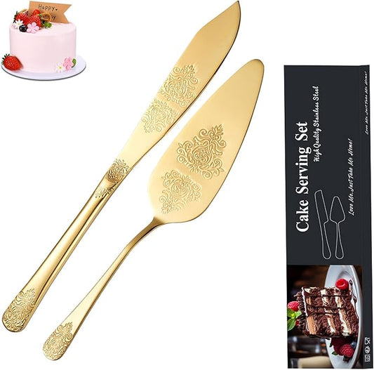 tiokin Cake Cutting Set for Wedding, Elegant Cake Knife and Server Set with Thickened Stainless Steel Rounded Edges, Cake Cutter Pie Spatula for Birthday Anniversary Christmas 2 Pcs Gold