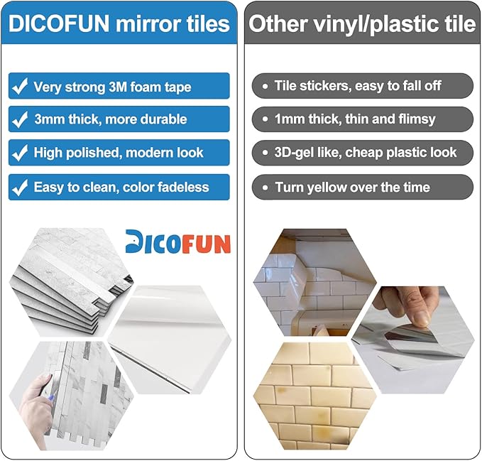 DICOFUN 1 Sheet Peel and Stick Backsplash Tile, Faux White Marble Look PVC Mixed Metal Stick on Backsplash Tiles for Kitchen
